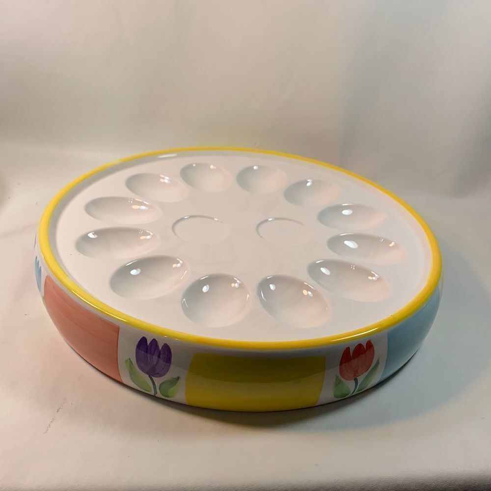 Easter Bunny Devil Egg Serving Tray Spring Flower Vintage Holiday Yellow Purple